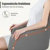 A person sitting in a gray office chair, with text overlays highlighting ergonomic armrests and natural comfort. Produktbild-Vorschau