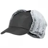 A black winter cap with gray fur trim is shown against a white background. Produktbild-Vorschau