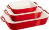 Three red ceramic baking dishes stacked on a white background. Náhľad obrázku produktu
