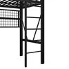Close-up view of the ladder and side of a black metal loft bed. Náhled obrázku produktu