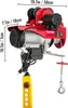 A red electric hoist with dimensions indicated by measurement lines and text. Náhľad obrázku produktu
