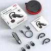 A product shot of a wireless headset and its accessories, including the packaging box, charging case, charging cable, and ear tips. Produktbild-Vorschau
