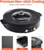 A top-down view of a black electric grill and hot pot with a glass lid, featuring three inset images highlighting its texture, oil box, and ease of cleaning. Text overlays describe its features. Voir les images du produit