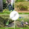 A collage of four images showing different aspects of lawn care and gardening, including a person using a trimmer, a cart full of grass, people gardening, and a close-up of a trimmer blade. Produktbild-Vorschau