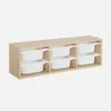 A wooden storage unit with six white plastic bins. Produktbild-Vorschau