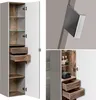 A collage of images showing a tall bathroom cabinet with its door open, a close-up of a handle, and a view of the inside of the cabinet with shelves and drawers. Produktbild-Vorschau