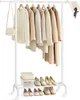 A white rolling garment rack with clothes and shoes on it. Produktbild-Vorschau