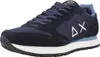 A close-up, side view of a blue and navy sneaker. Produktbild-Vorschau