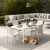 An outdoor dining set with a sectional sofa and a table with chairs, with a dog resting on the rug. Voir les images du produit
