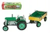 A toy tractor with a trailer, shown from a side-diagonal view, with its packaging box in the upper left corner. Produktbild-Vorschau