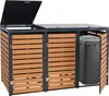 A three-bin outdoor trash can enclosure with a teak-look finish and a gray trash bin inside one compartment. Produktbild-Vorschau