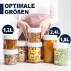 A person is holding and displaying various sizes of clear storage containers filled with different food items. Produktbild-Vorschau