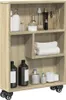 A narrow storage cart with shelves filled with various bathroom and cosmetic items. Anteprima dell’immagine prodotto
