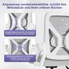 Close-up views of an office chair's lumbar support and backrest features, with descriptive text overlays. Produktbild-Vorschau
