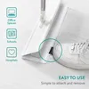 A close-up of a white mop head being attached to a mop handle, with a white sneaker stepping on it to secure it. Icons indicating office spaces, schools, and hospitals are on the left. Produktbild-Vorschau