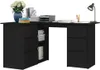 A black L-shaped desk with drawers and shelves, decorated with a vase of flowers, books, and a desk lamp. Produktbild-Vorschau