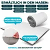A rolled-up mattress topper is shown on a flat mattress, with text overlays describing its features and available sizes. Produktbild-Vorschau