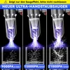 A triptych showing a vacuum cleaner's suction power at different levels, with purple light streams and splashing water in glasses. Produktbild-Vorschau