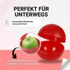 A red apple is shown inside a red apple-shaped container, with text overlay highlighting its features. Produktbild-Vorschau