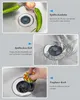 Collage showing a sink drain with a strainer and a removable basket, demonstrating its features. Produktbild-Vorschau