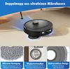 A robotic vacuum cleaner is shown cleaning a carpeted floor, with close-ups of its accessories and features. Produktbild-Vorschau