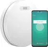A white smart smoke detector is shown next to a smartphone displaying the device's app interface. Produktbild-Vorschau