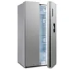 A side-by-side refrigerator with one door slightly ajar, revealing the interior shelves and compartments. The refrigerator is silver and stands against a white background. Produktbild-Vorschau