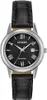 A close-up studio shot of a women's Citizen Eco-Drive watch with a black leather strap and a black dial with Roman numerals. Produktbild-Vorschau