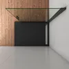 A top-down view of a modern shower enclosure with a black base and glass walls, set against a wooden wall and a tiled floor. Produktbild-Vorschau