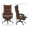 Two views of a brown office chair with dimensions indicated by text and lines. Produktbild-Vorschau