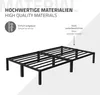A black metal bed frame is shown with text overlays highlighting its features and materials. Podgląd zdjęcia produktu