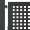 A close-up view of a dark grey metal garden gate, showing the hinge mechanism and the patterned surface of the gate. Náhľad obrázku produktu