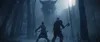 Two figures stand in a snowy forest facing a giant wolf-like creature. Náhľad obrázku produktu