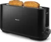 A black Philips toaster with two slices of bread in it, shown on a white background. Produktbild-Vorschau