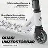 Close-up marketing image of a stunt scooter with text overlays highlighting features. Produktbild-Vorschau