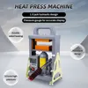 A heat press machine with various features highlighted by text overlays. Produktbild-Vorschau