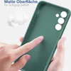 A hand is shown touching the inside of a green phone case, highlighting its matte texture. Produktbild-Vorschau
