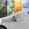 A car windshield cover is shown on the side of a white car, with a collage of seasonal images in the background. Produktbild-Vorschau