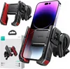 A product shot of a black and red bike phone mount with a smartphone inserted, alongside its packaging. Produktbild-Vorschau
