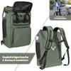 A collage of images showing a green bicycle pannier bag that can also be used as a backpack, with a small inset image of a person using it with a bicycle. Produktbild-Vorschau