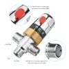 A close-up view of a thermostatic mixing valve with callouts and text describing its features. Náhled obrázku produktu