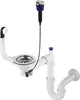 A white sink siphon with a chrome strainer and a black pull-chain mechanism. Produktbild-Vorschau