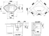 Technical drawing of a corner sink with dimensions and installation details. Podgląd zdjęcia produktu