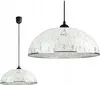 Two views of a modern pendant lamp with a white dome-shaped shade decorated with gray abstract lines, against a white background. Produktbild-Vorschau