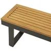 A close-up view of a wooden bench with a dark metal frame. Produktbild-Vorschau