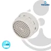 A white faucet aerator is shown against a white and light gray background with graphic elements. Produktbild-Vorschau