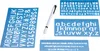 A set of stencils for writing letters and numbers, along with a pen, laid out on a white background. Produktbild-Vorschau
