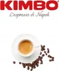 A cup of espresso coffee with coffee beans scattered around it, with the Kimbo brand logo and slogan above. Podgląd zdjęcia produktu