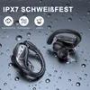 Two black wireless earbuds are shown on a wet, reflective surface, with water droplets scattered around. The image highlights the IPX7 sweatproof feature. Produktbild-Vorschau