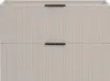 A front view of a light gray vanity cabinet with two drawers and black handles. Produktbild-Vorschau